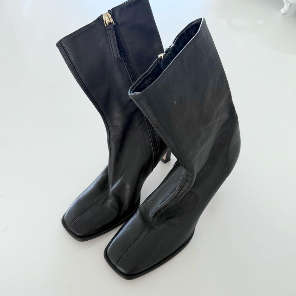 Zara Limited Edition Leather Heeled Square Toe Ankle Boots Size 39/9 - Picture 3 of 7